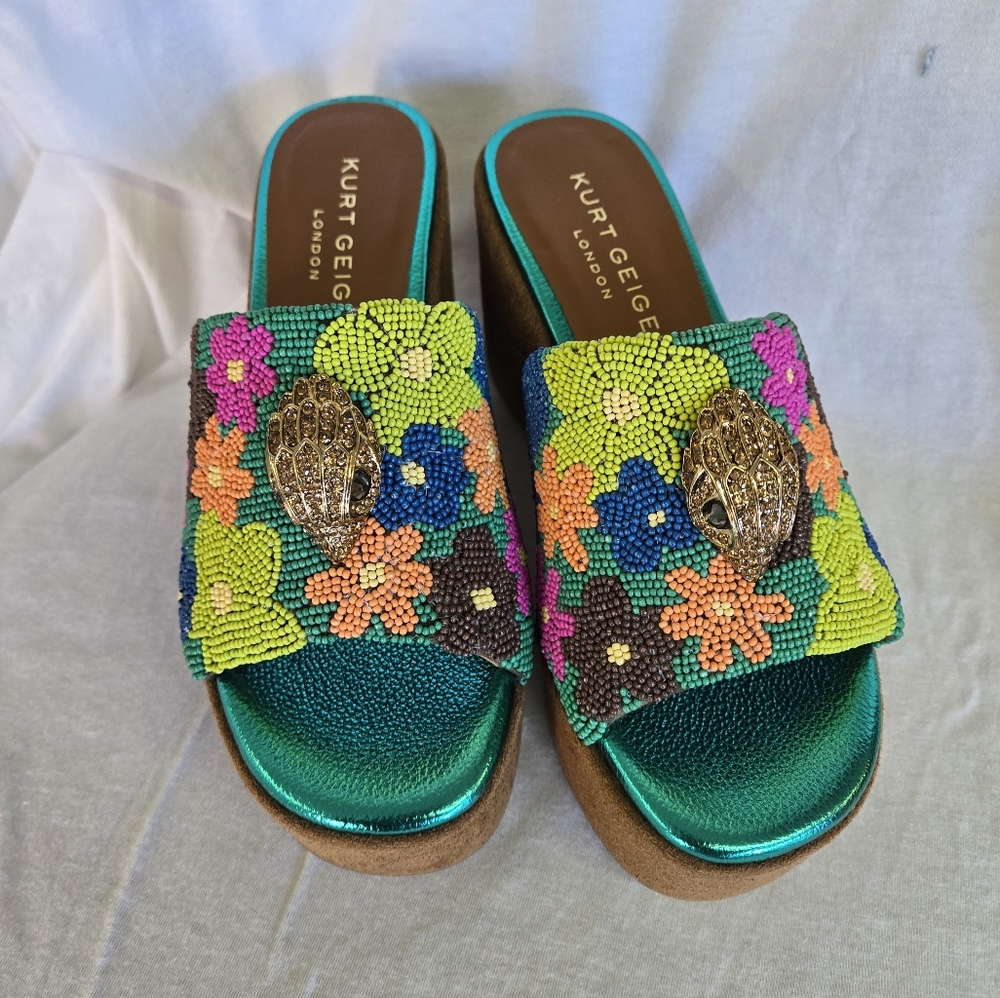 Kurt Geiger Beaded Floral Slide Mules in Teal, Green, Pink, Orange